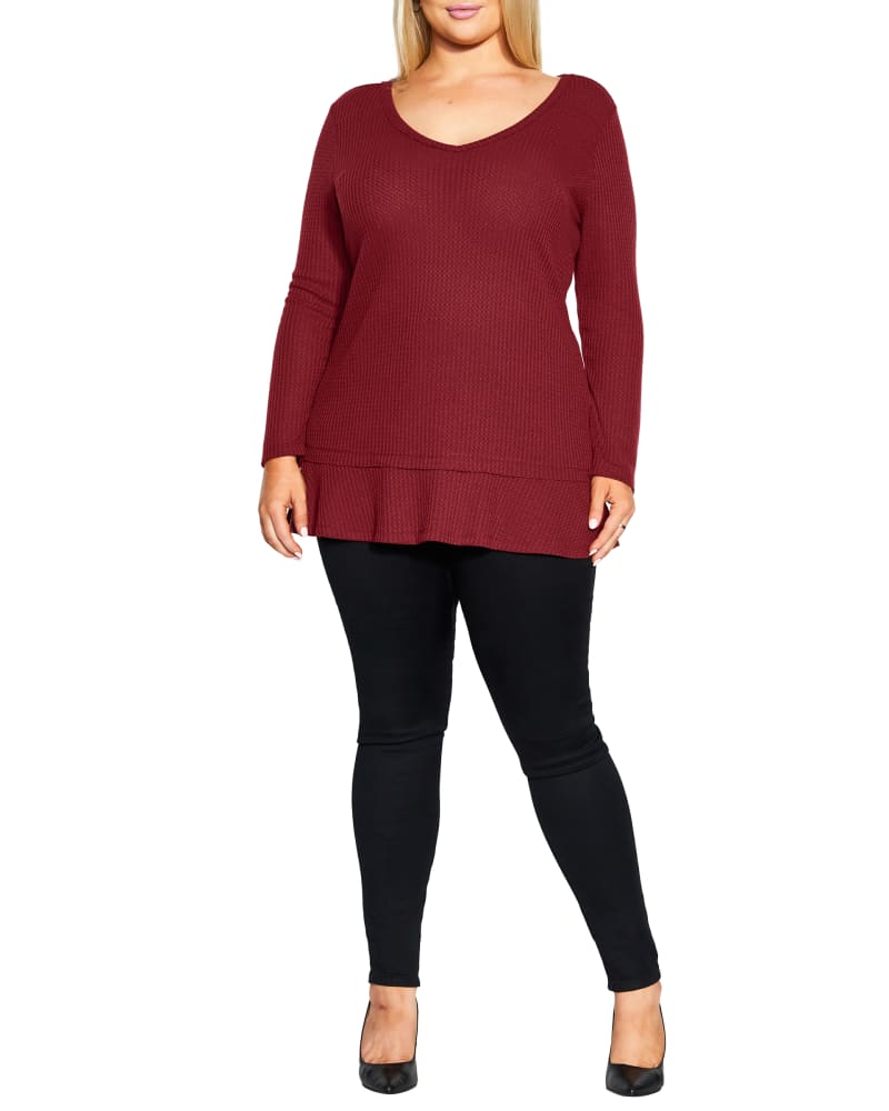 Front of a model wearing a size 20 Waffle Knit Ruffle Tunic in Merlot by avenue. | dia_product_style_image_id:303003